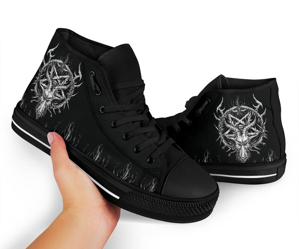 Skull Satanic Goat Satanic Pentagram Serpent Smoke Color Flame All Black And White High Tops