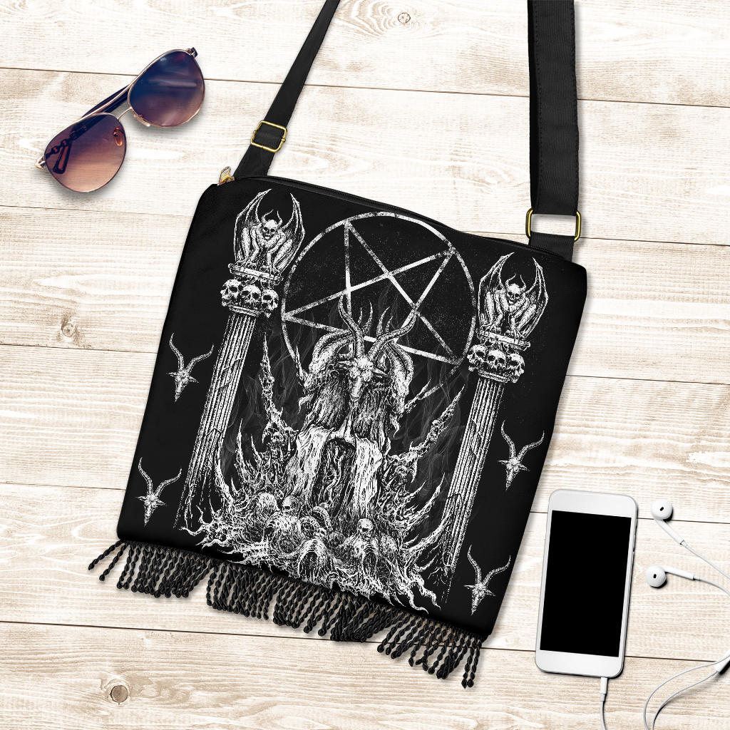 Skull Satanic Goat Inverted Pentagram Winged Demon Black And White Version Shoulder Bag Purse