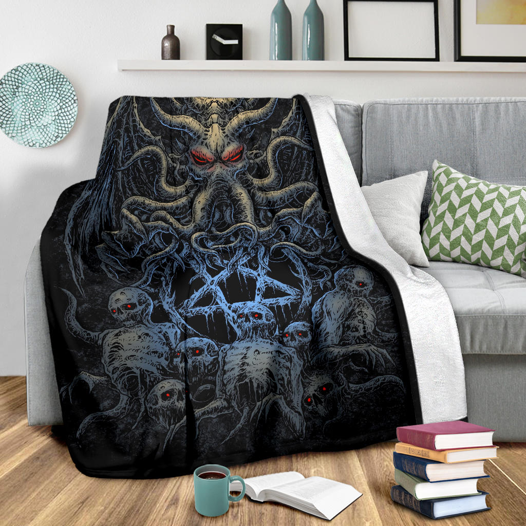 Skull Skeleton Demon Octopus Satanic Pentagram Blanket Night Blue Version