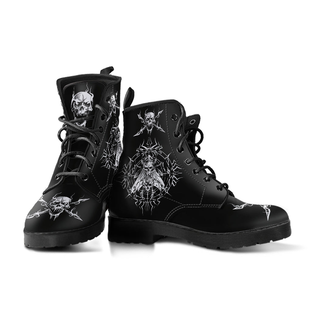 Skull Goth Fly Leather Boots Small Fly Version Black And White