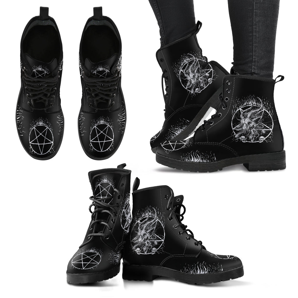 Skull Satanic Pentagram Satanic Goat Demon Serpent Handcrafted Leather Boots
