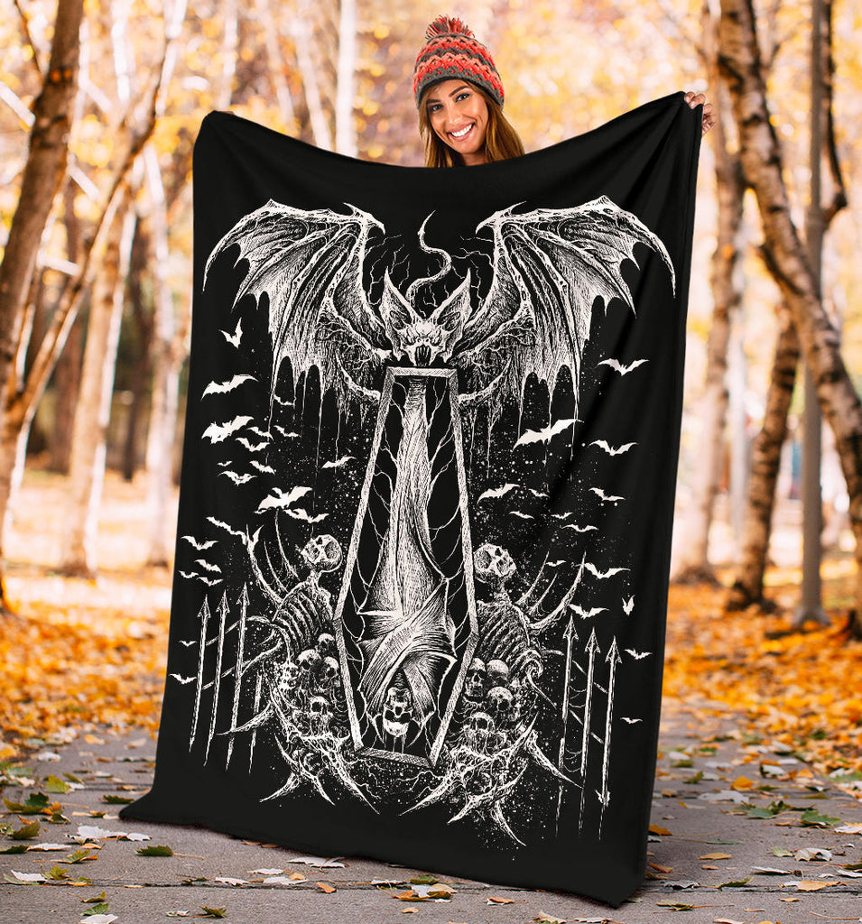 Skull Batwing Skeleton Coffin Shroud Blanket Black And White