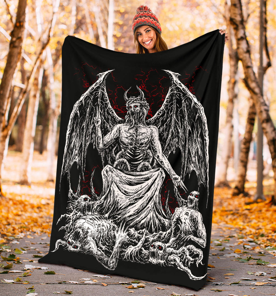 Skull Skeleton Satanic Bat Wing Demon God Blanket Black And White With Red