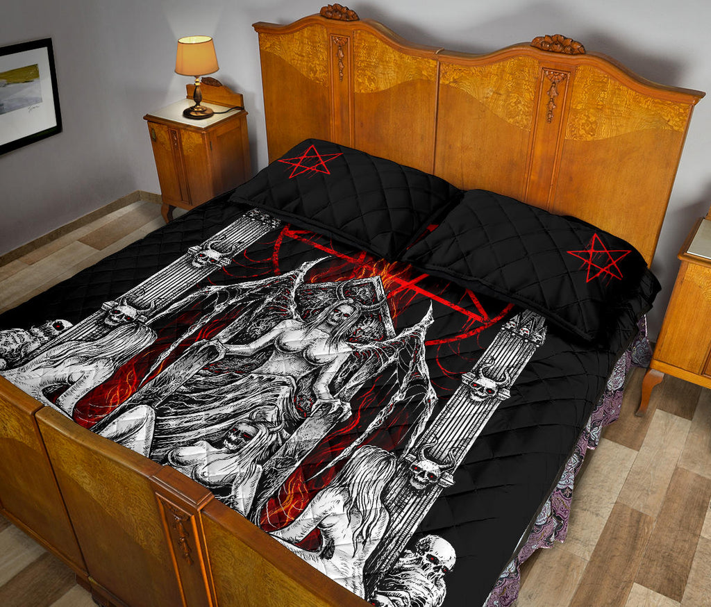 Skull Satanic Pentagram Lust Throne Quilt 3 Piece Set Black And White Red Flame