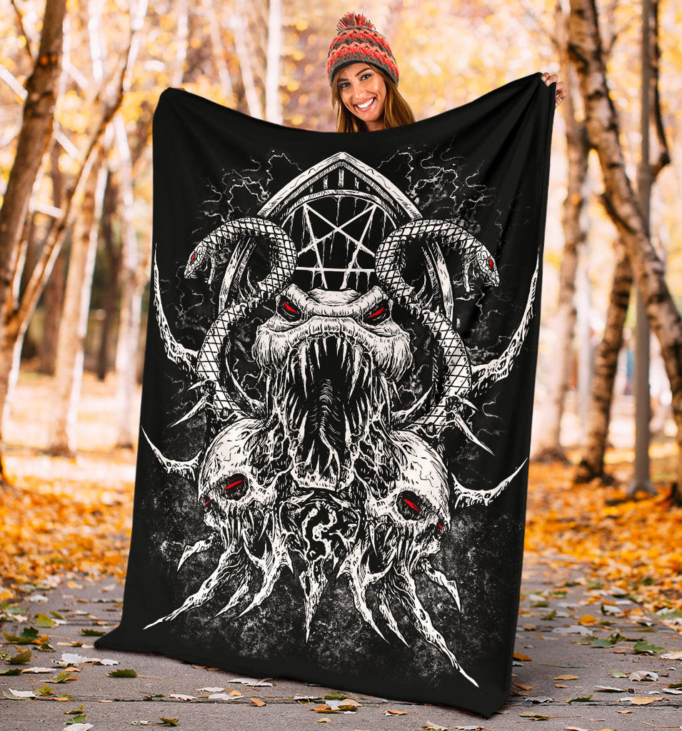 Skull Satanic Pentagram Demon Serpent Blanket Black And White Red Eye