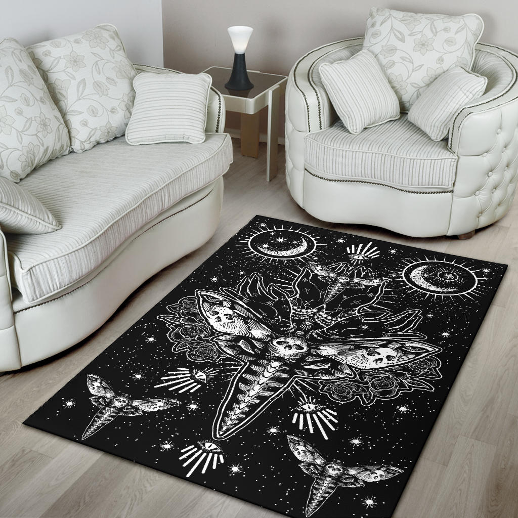 Skull Moth Secret Society Occult Style Area Rug Black And White Version