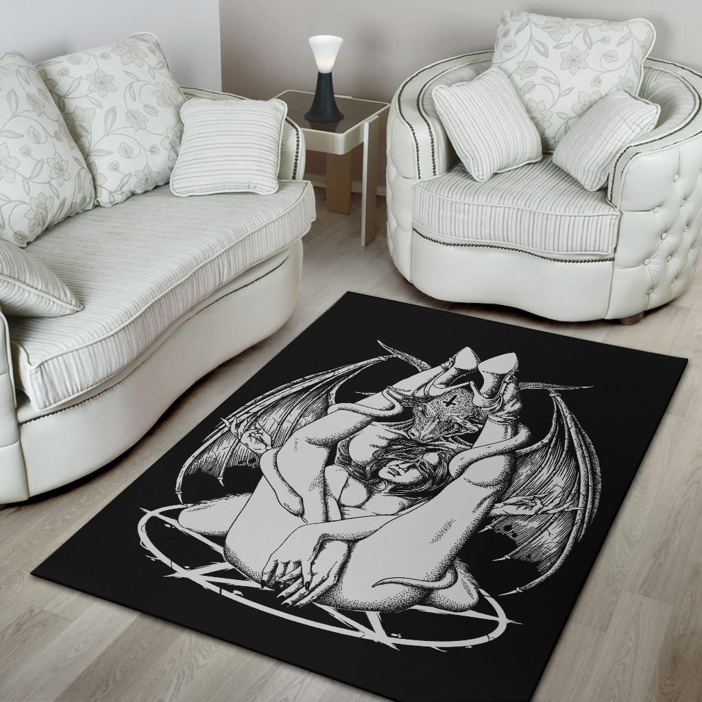 Satanic Pentagram Satanic Cross Serpent Bat Wing Demon Inception Area Rug Black And White