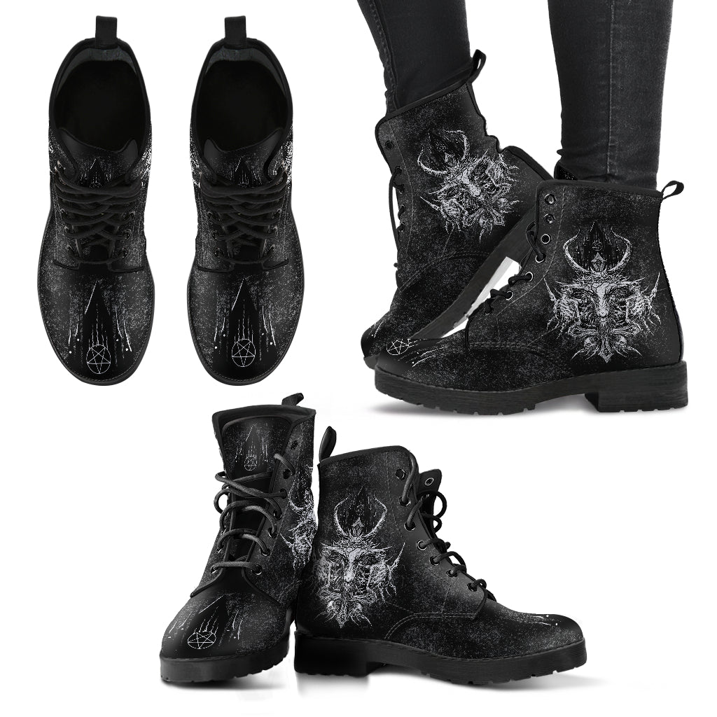 Skull Skeleton Demon Satanic Crowned Goat Satanic Cross Satanic Pentagram Night Church Part 2-Leather Boots