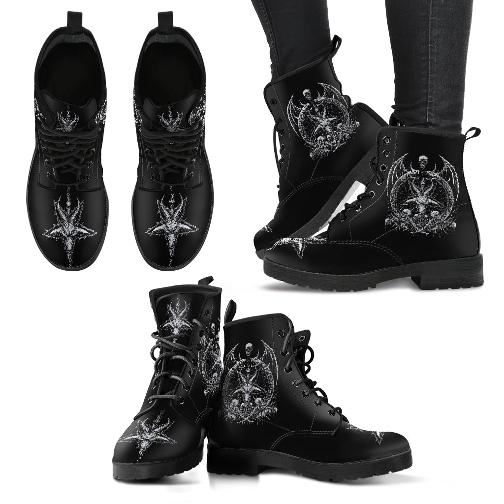 Skull Demon Satanic Goat Satanic Pentagram Serpent Leather Boots Black And White