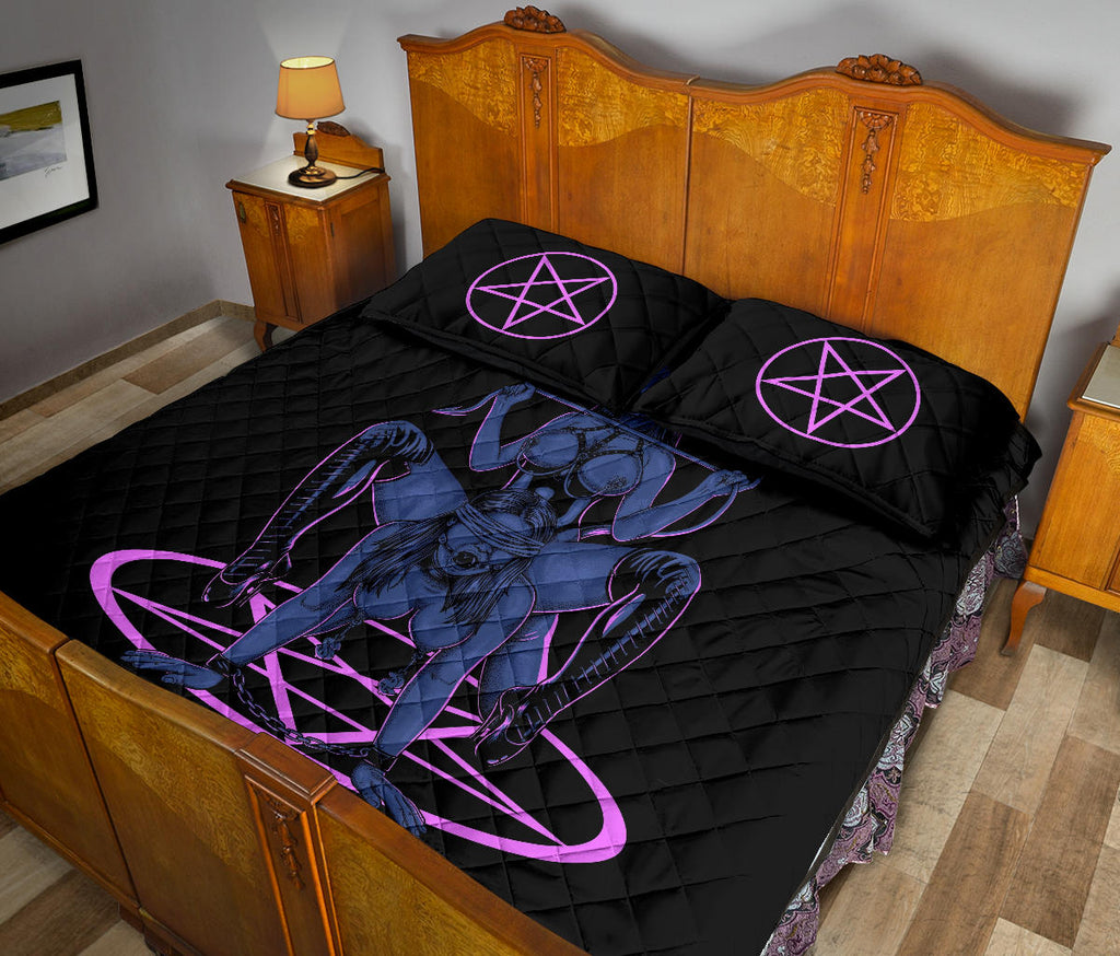 Satanic Pentagram Satanic Cross Demon Erotic Quilt 3 Piece Set Sexy Wild Blue Pink