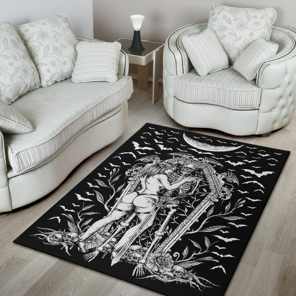 Bat Skull Bat Wing Erotic Demonic Skeleton Coffin Shrine Area Rug Black And White