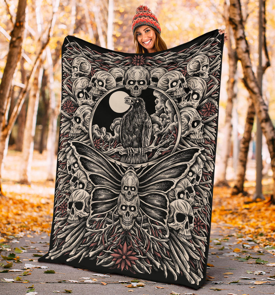 Skull Occult Raven Crow Moth Blanket Color Version
