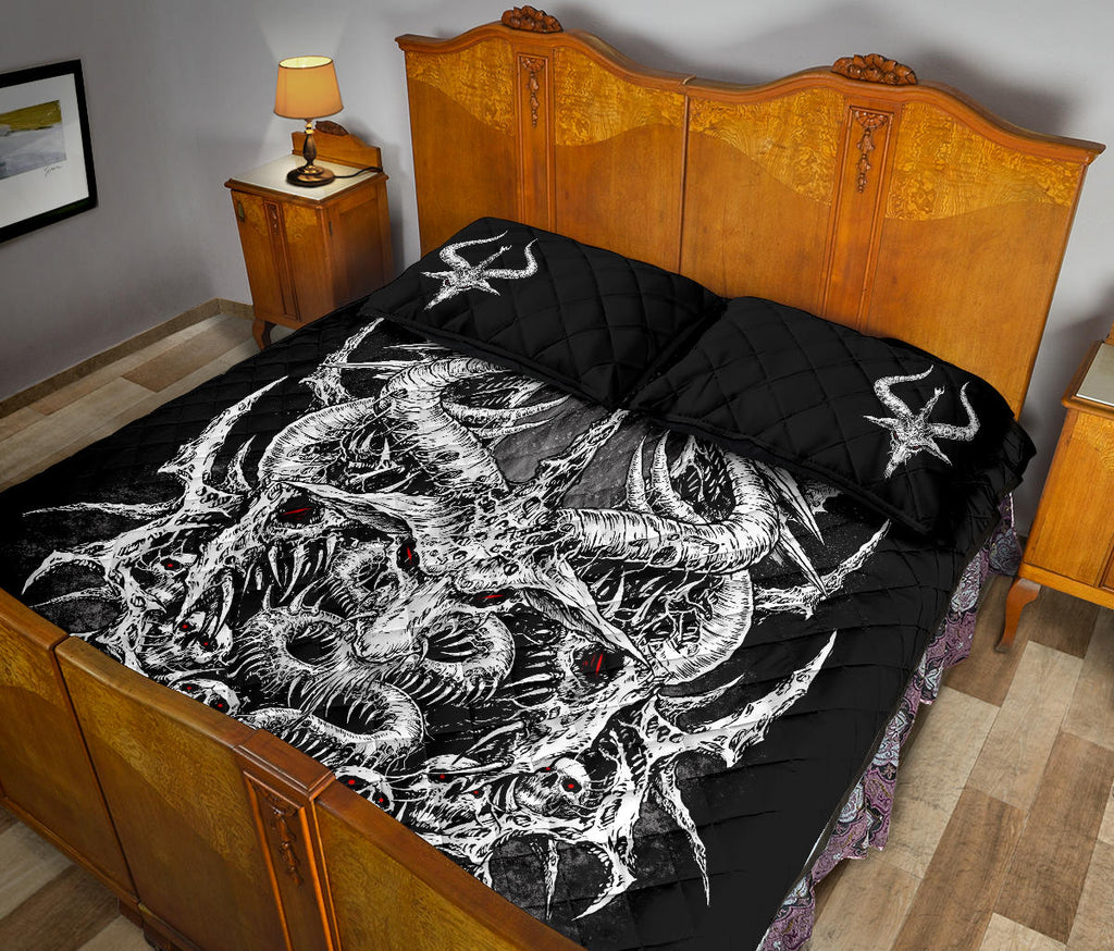 Skull Goth Satanic Goat Wing Smoke Color Flame 3 Piece Quilt Bed Set