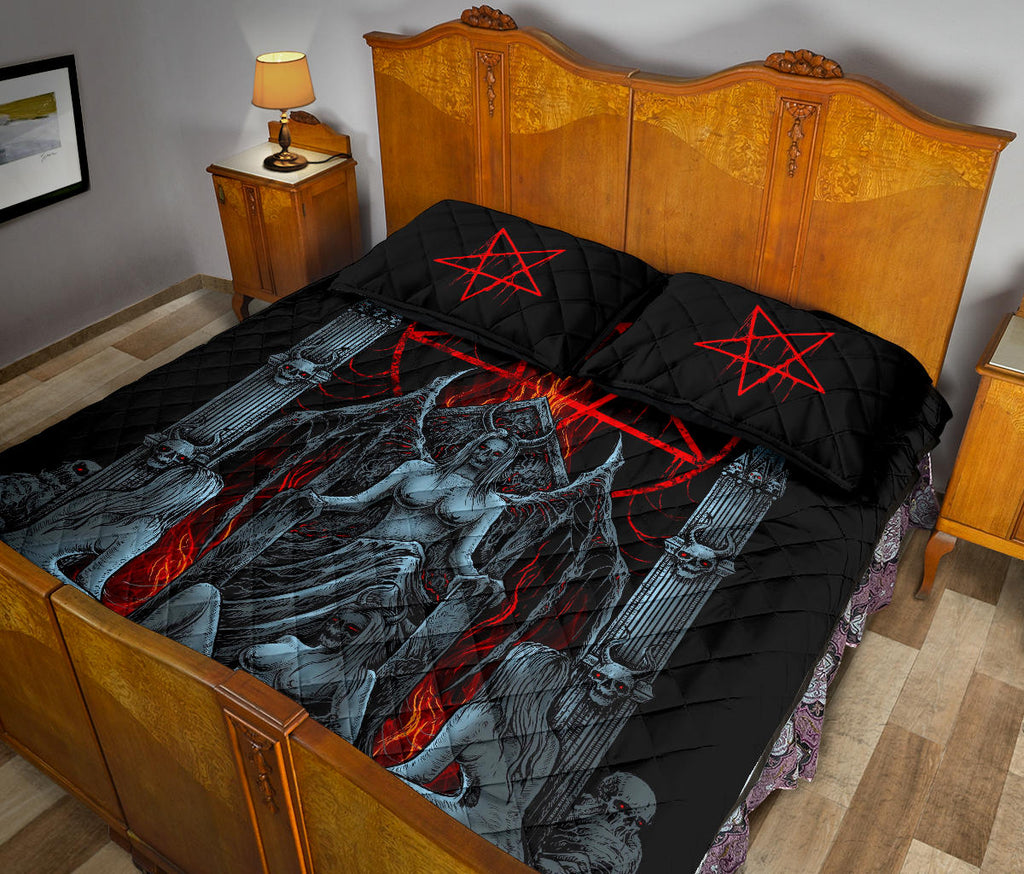 Skull Satanic Pentagram Lust Throne Quilt 3 Piece Set Color Version