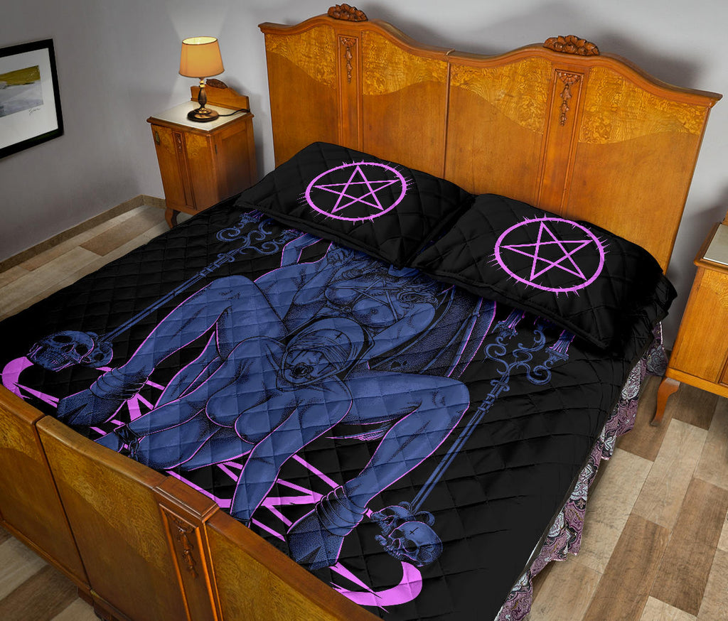 Skull Satanic Pentagram Thorn Candle Satanic Cross Erotic Possession 3 Piece Quilt Set Sexy Wild Blue Pink