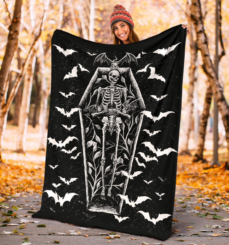 Bat Skull Skeleton Coffin Shrine Blanket Black And White