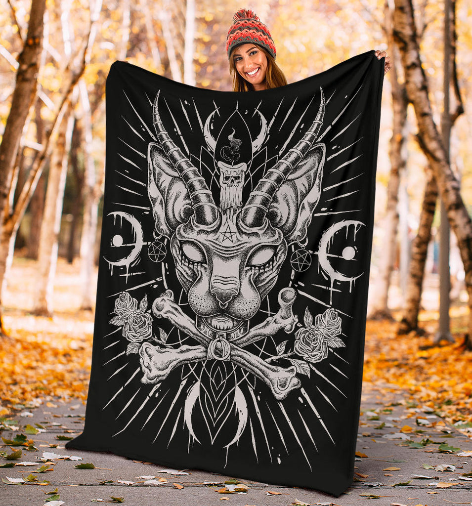 Skull Gothic Occult Black Cat Unique Sphinx Style Part 2 Blanket Black And White Awesome Demonic White Eye