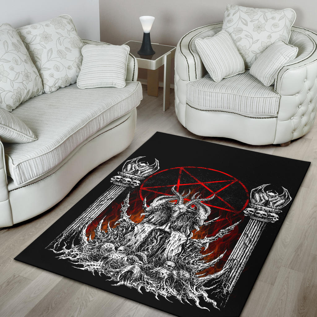 Skull Satanic Goat Flame Color Satanic Pentagram Area Rug