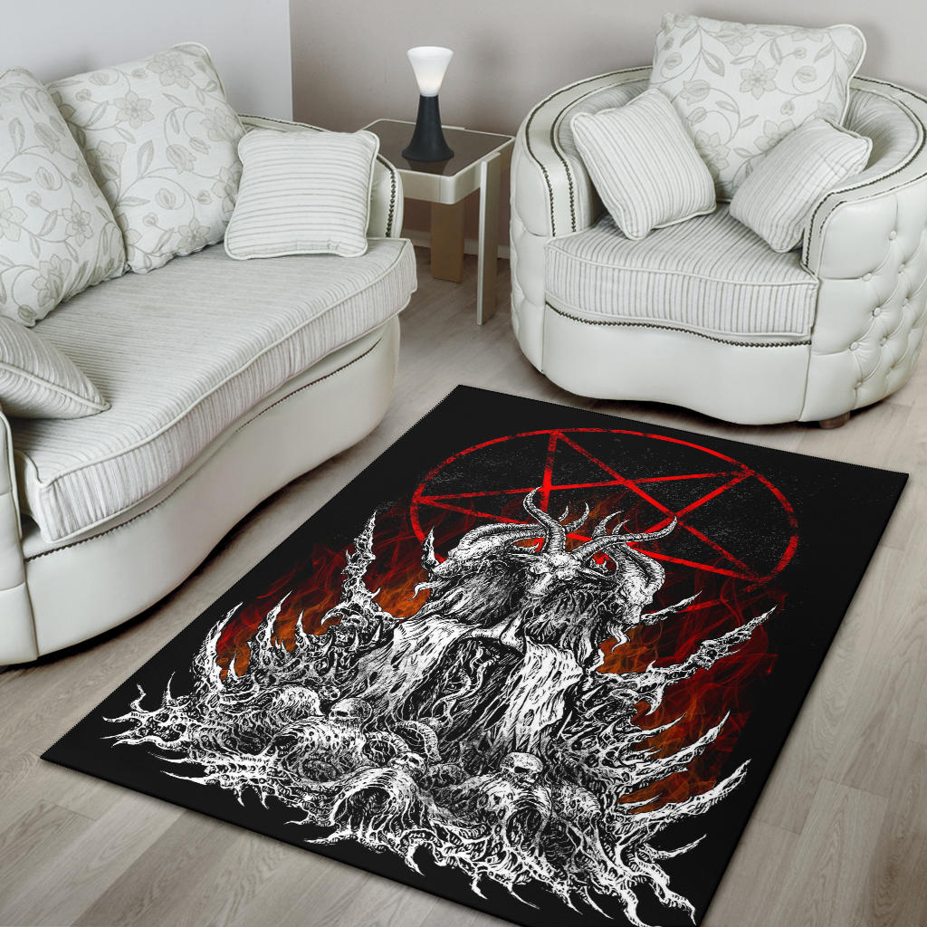 Skull Skeleton Satanic Goat Satanic Pentagram Flame Area Rug Large Flame Print Version