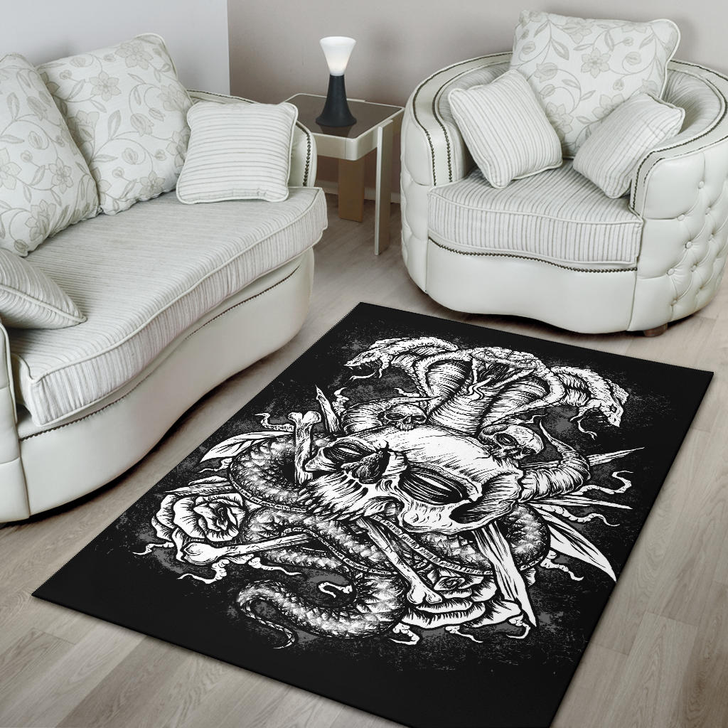 Skull Serpent Demon Rose Area Rug Black And White Version