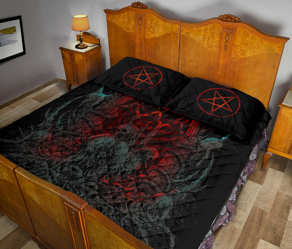 Skull Skeleton Satanic Shrine Quilt 3 Piece Bed Set Flame Color