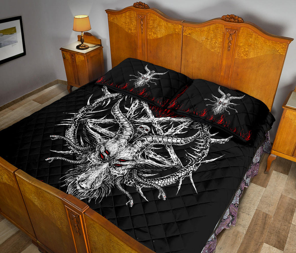 Skull Satanic Goat Satanic Pentagram Serpent Flame Quilt 3 Piece Bed Set