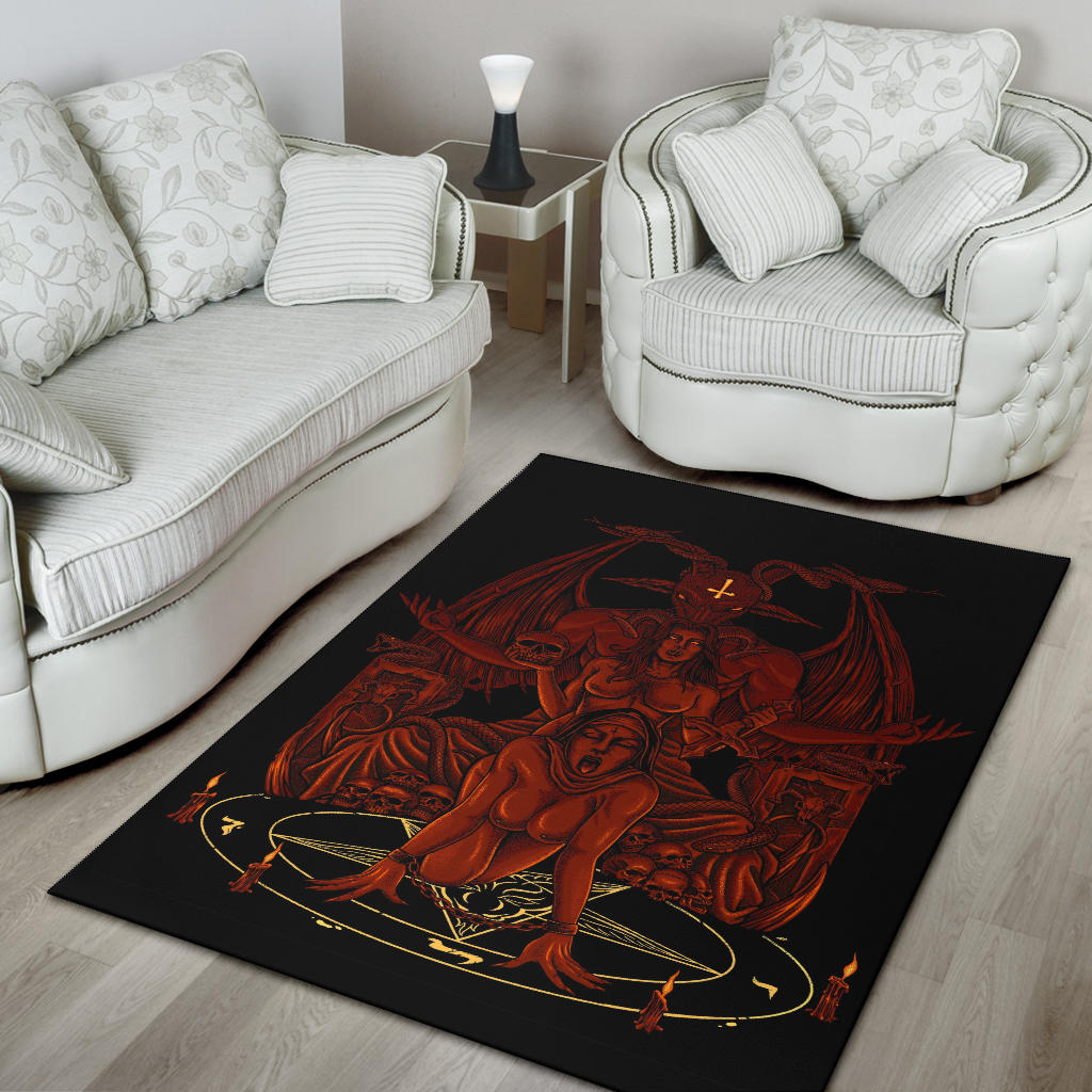 Skull Baphomet Serpent Satanic Pentagram Demon Inception Throne Area Rug Red Flame