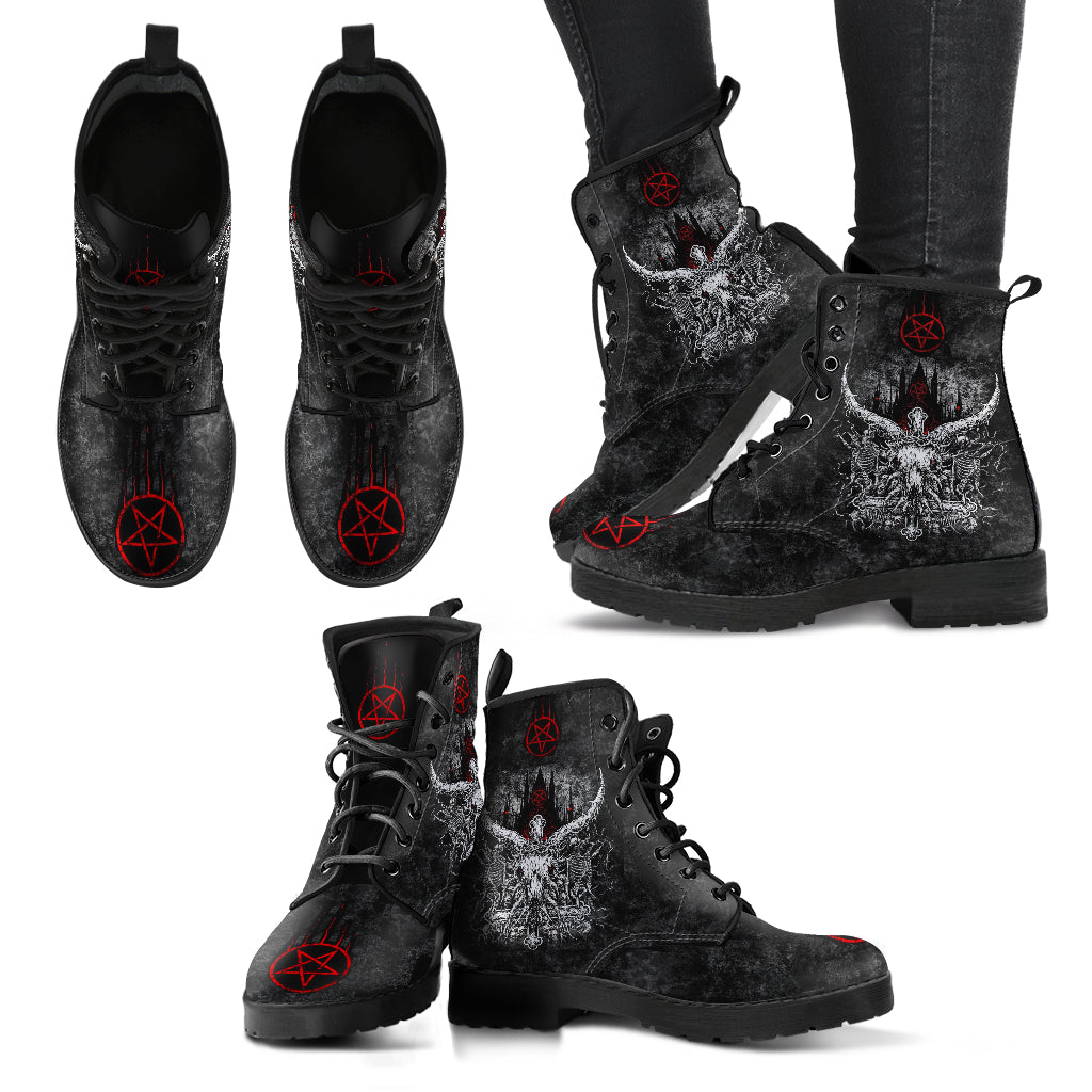 Skull Satanic Cross Crowned Satanic Goat Satanic Pentagram Leather Boots New Multiple Skull Red Version