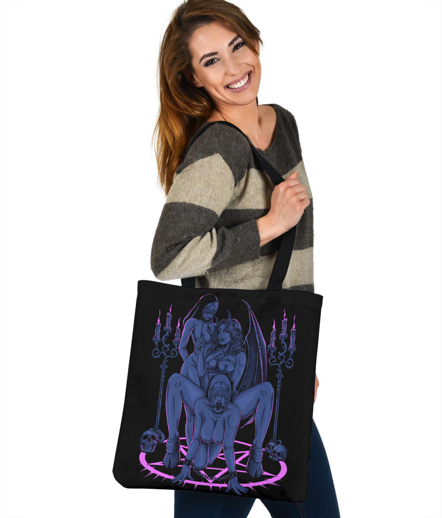 Skull Satanic Pentagram Thorn Candle Satanic Cross Erotic Possession Large Tote Bag
