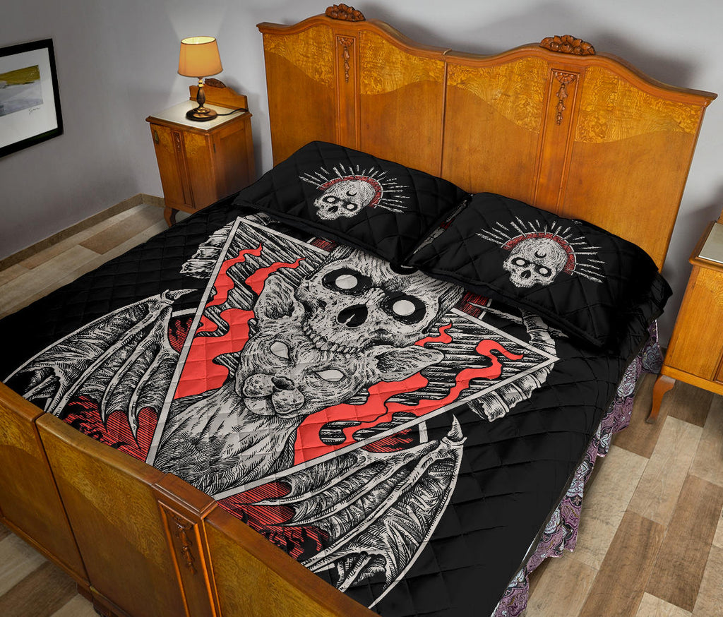 Gothic Quilt Skull Bat Wing Cat 3 Piece Bed Set Color Version