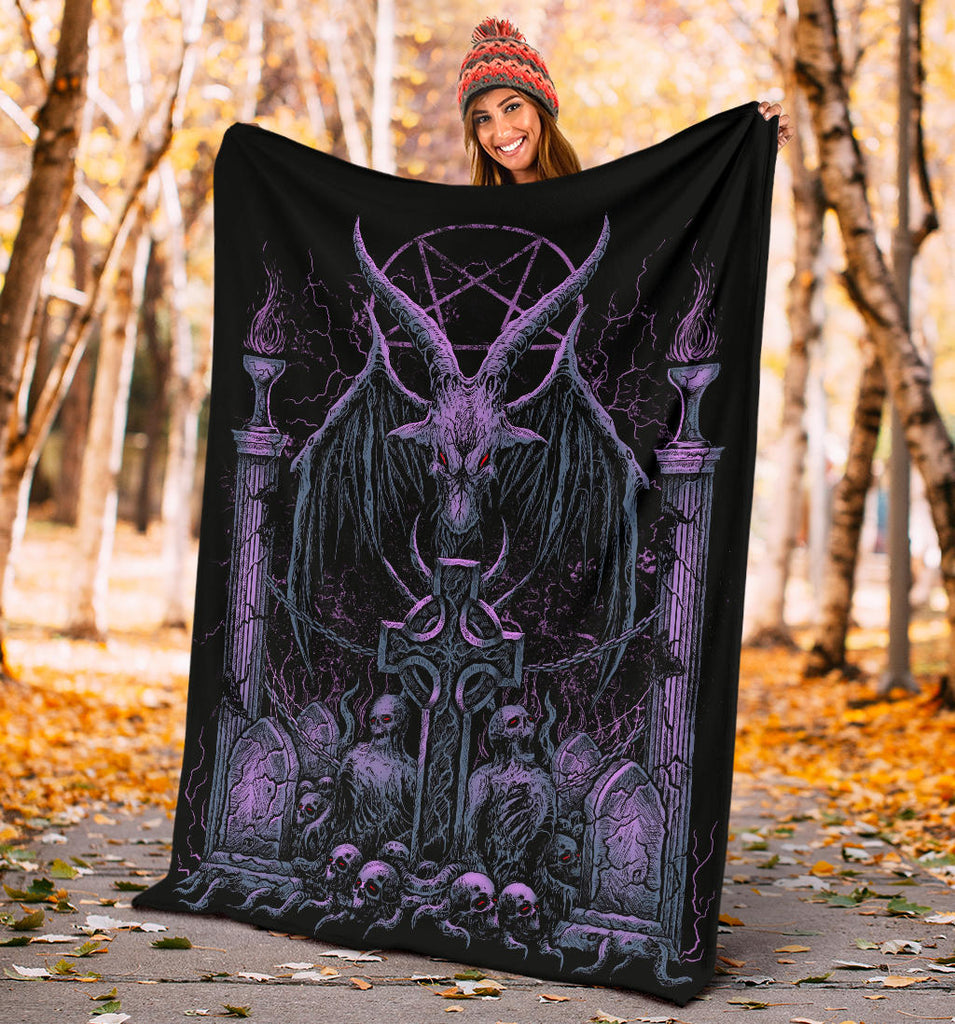 Skull Satanic Pentagram Baphomet Demon Bat Wing Goat Grave Shrine Blanket Night Blue Purple Pink Tint