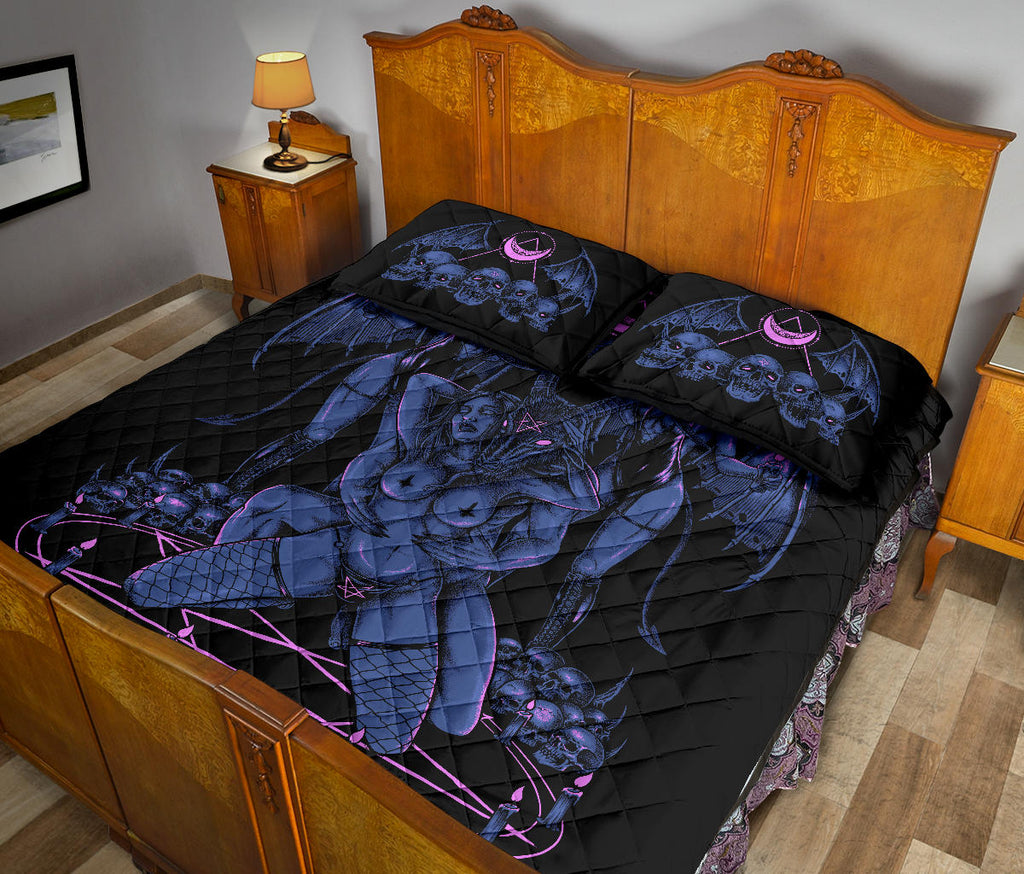 Skull Baphomet Erotic Revel In Freedom And Realize It Throne 3 Piece Quilt Set Sexy Blue Pink