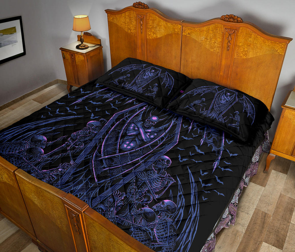 Skull Skeleton Chain Wicked Bat Shroud 3 Piece Quilt Set Night Blue Pink