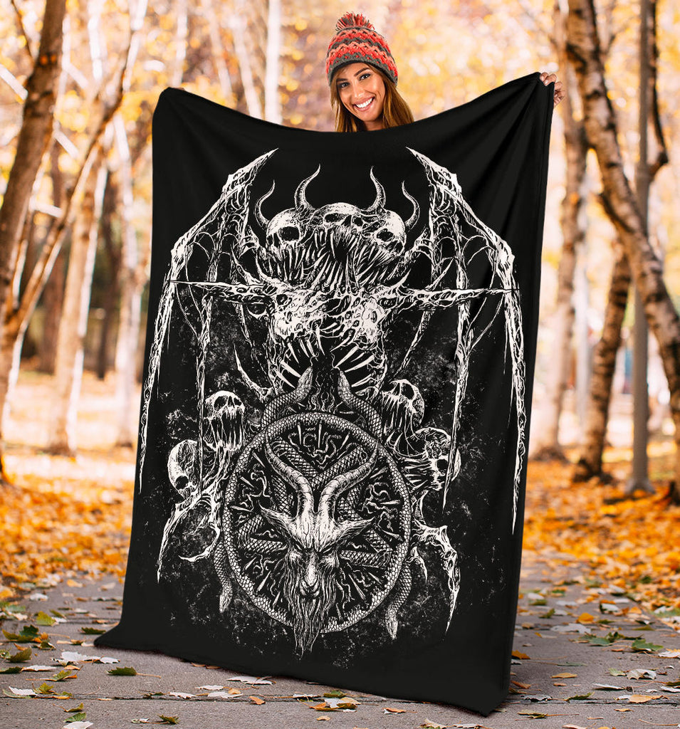 Skull Satanic Goat Satanic Pentagram Serpent Blanket Black And White