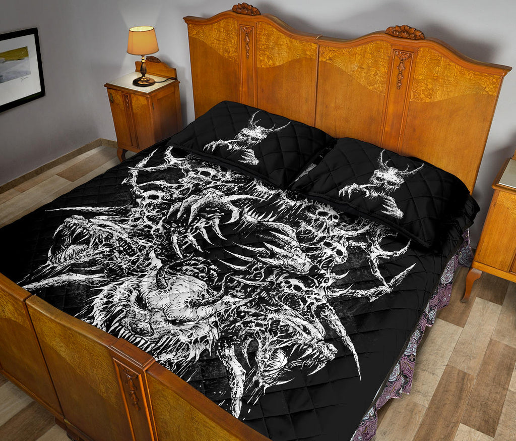 Skull Demon Wolf Quilt 3 Piece Bed Set Black And White Version