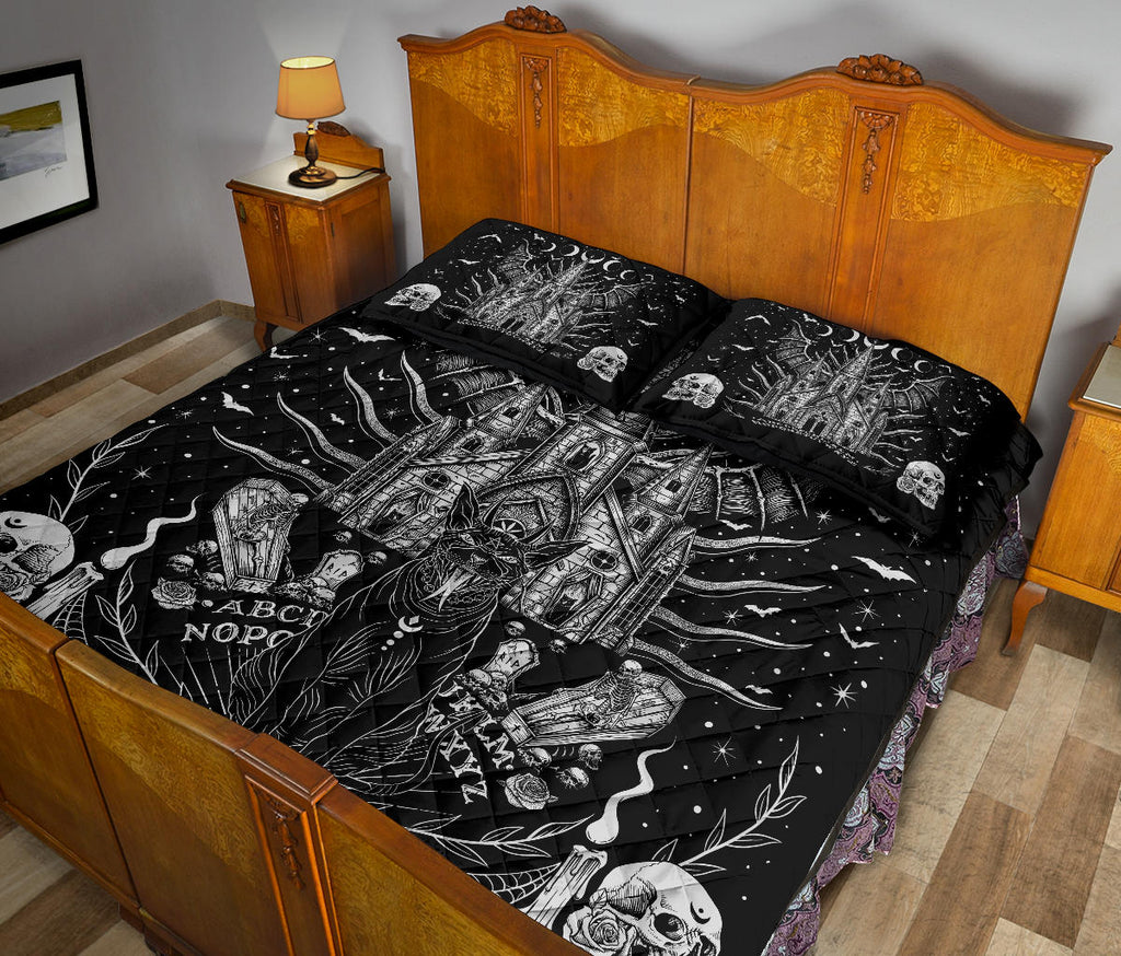 Skull Skeleton Diabolic Cat Coffin Bat Night House Ouija board Style Coffin Window Quilt 3 Piece Set