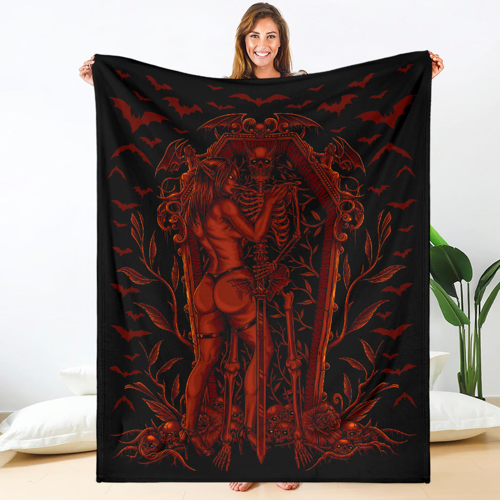 Bat Skull Bat Wing Erotic Demonic Skeleton Coffin Shrine Blanket Red Flame