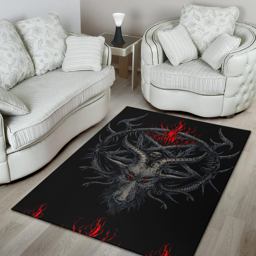 Skull Satanic Pentagram Goat Serpent Flame Area Rug Color Version