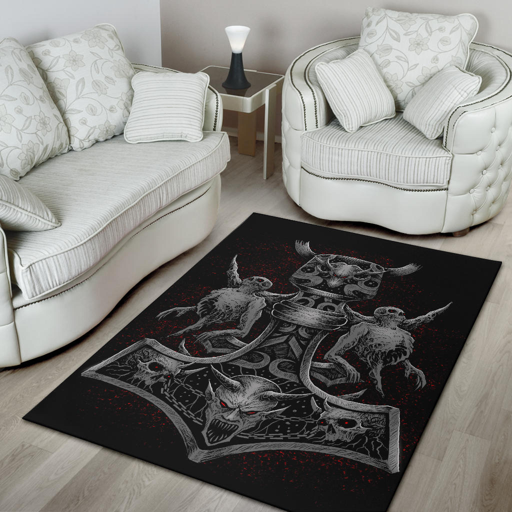 Skull Skeleton Thor's Hammer Demon Chain Area rug Silver Grey Red