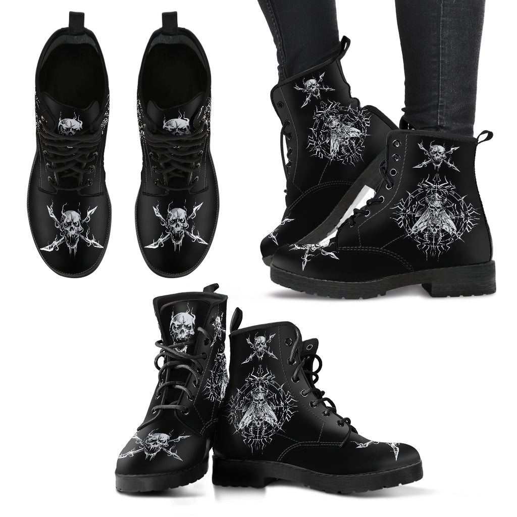 Skull Goth Fly Leather Boots Small Fly Version Black And White