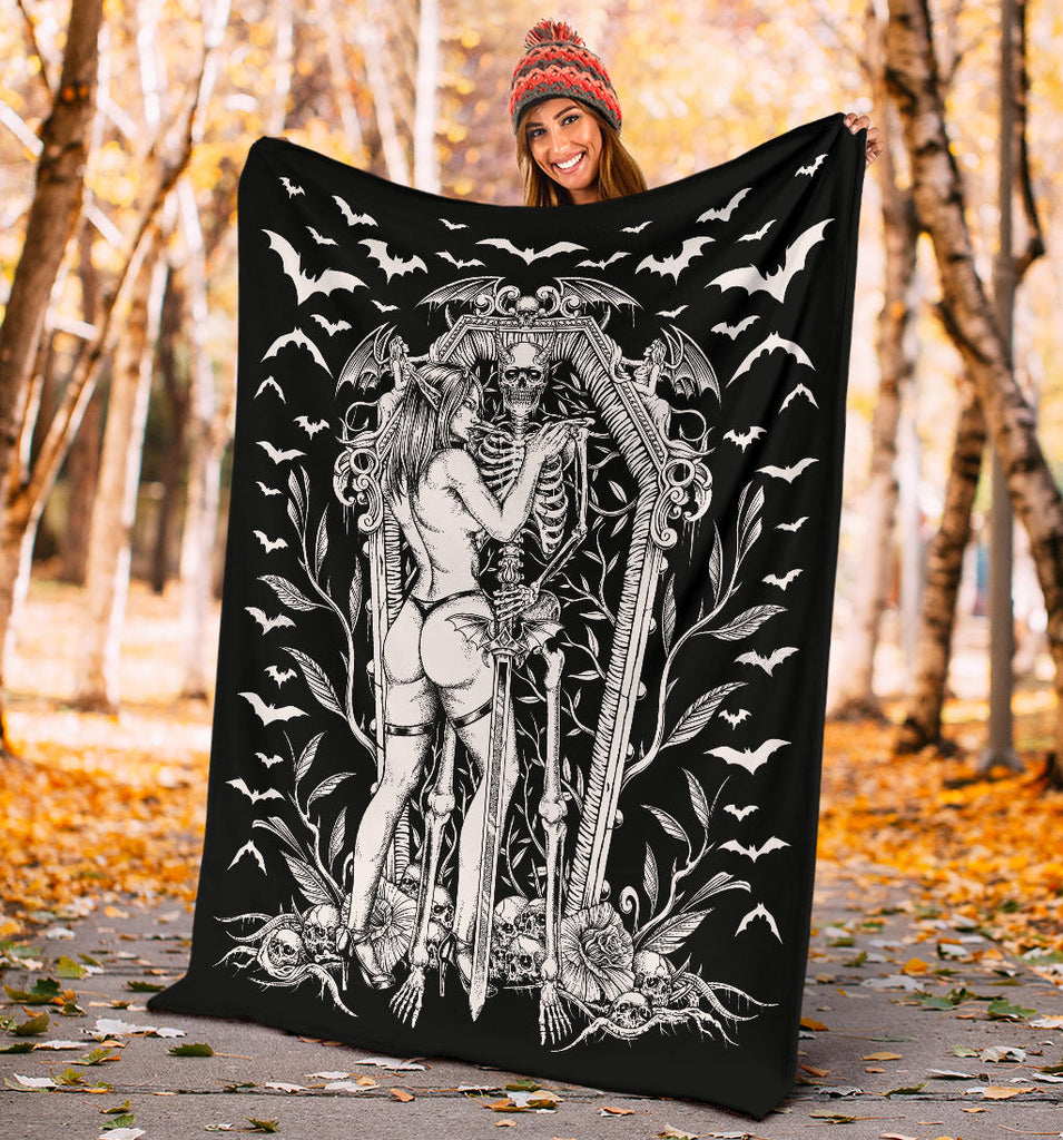 Bat Skull Bat Wing Erotic Demonic Skeleton Coffin Shrine Blanket Black And White