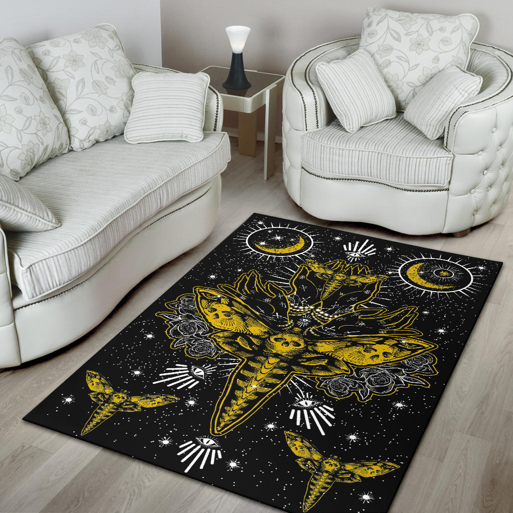 Skull Moth Secret Society Occult Style Area Rug Black And White Yellow