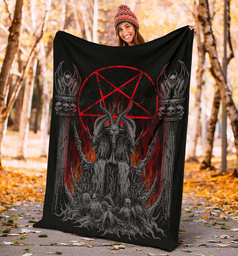 Skull Satanic Goat Satanic Pentagram Flame Winged Demon Original Silver Blanket
