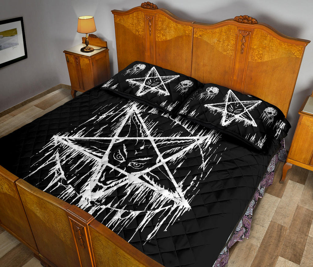 Skull Satanic Pentagram Drip Quilt 3 Piece Bed Set