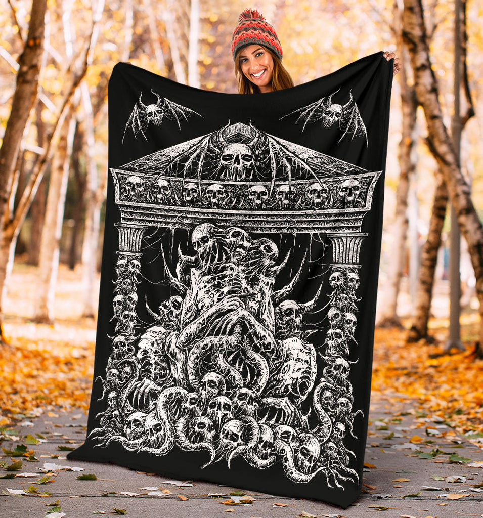 Skull Skeleton Demon Bat Skull Wing Death Shrine Blanket Black And White