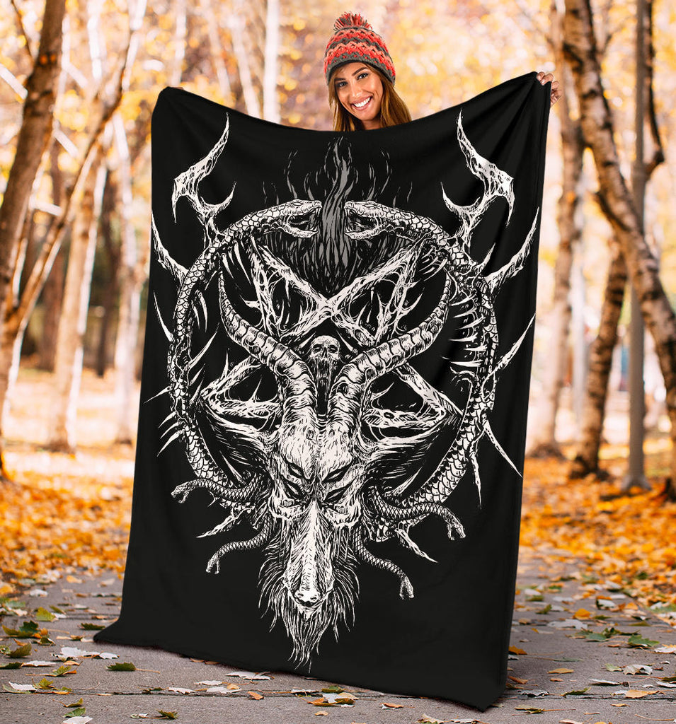 Skull Satanic Goat Satanic Pentagram Demon Serpent Blanket All Black And White