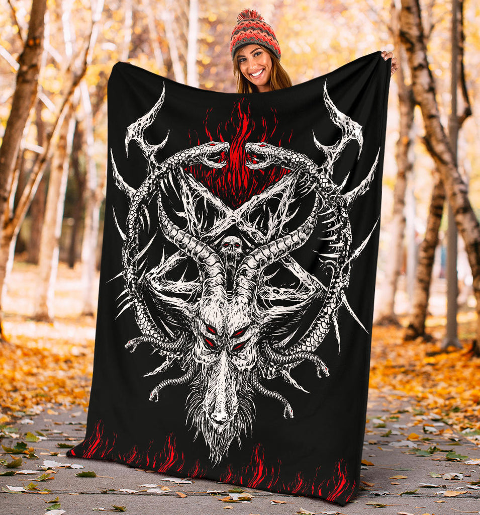 Skull Satanic Goat Satanic Pentagram Serpent Flame Blanket Black And White Red Flame