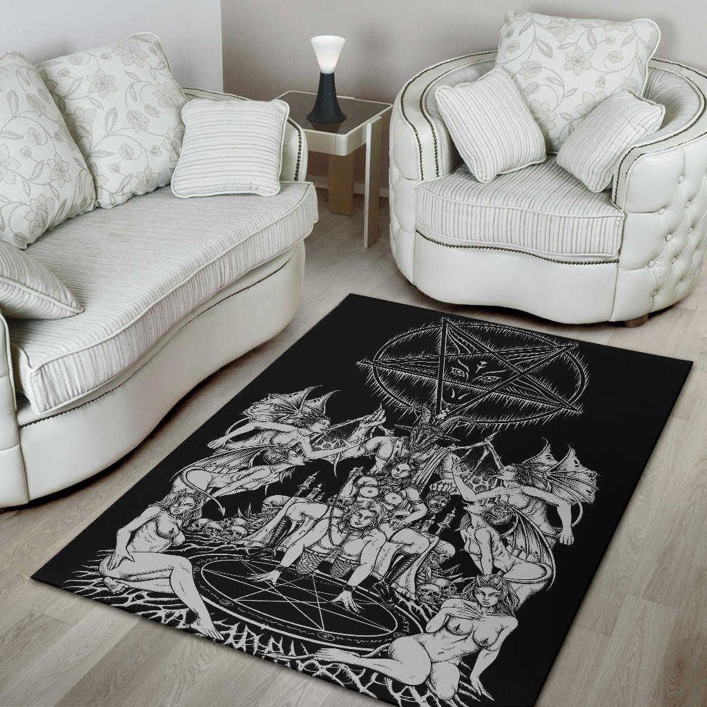 Skull Satanic Pentagram Bat wing Demon Baphomet Savior Head Flesh Party Area Rug Black And White