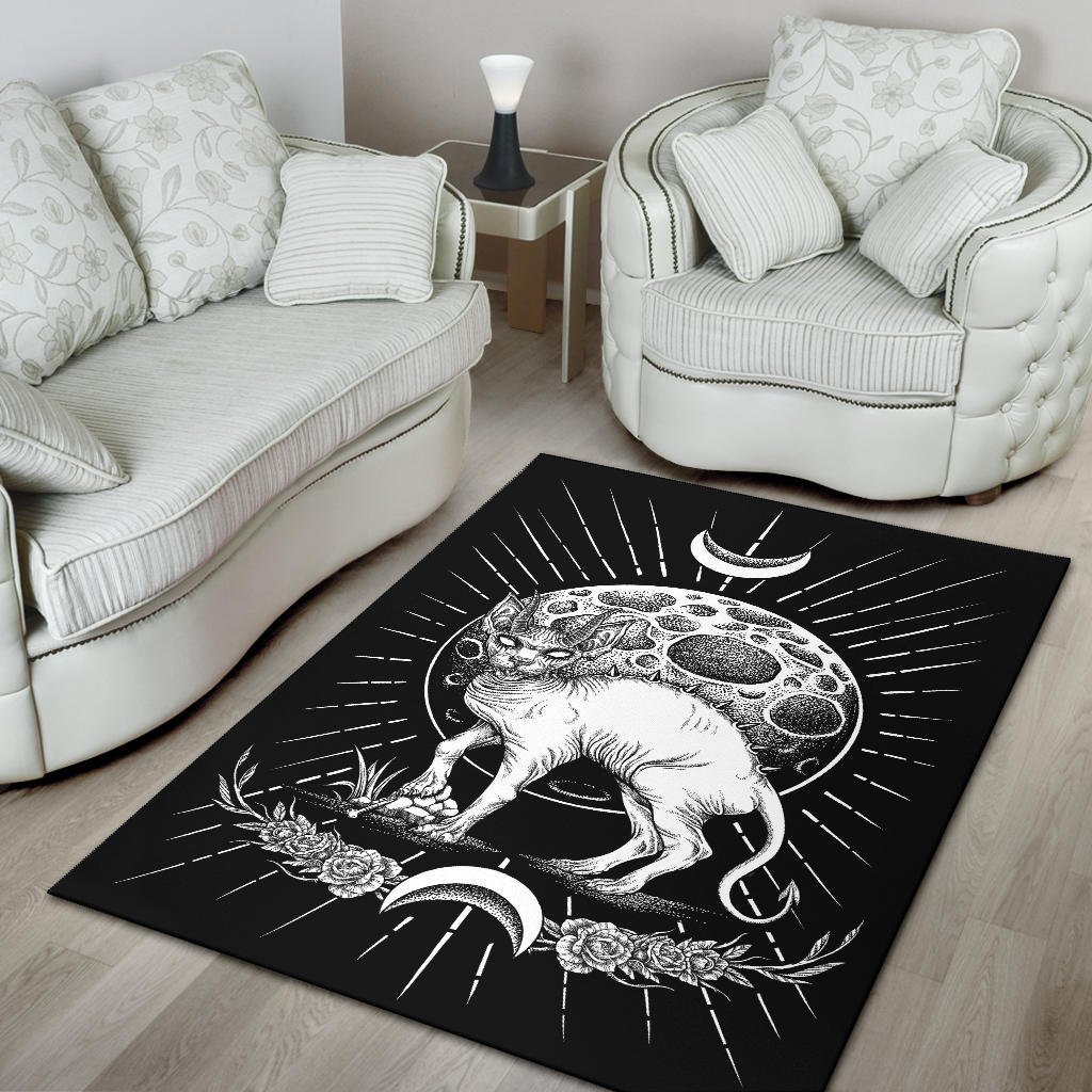 Gothic Occult Black Cat Unique Sphinx Style Area Rug Black And White Awesome Full Cat Demonic White Eye Full Moon