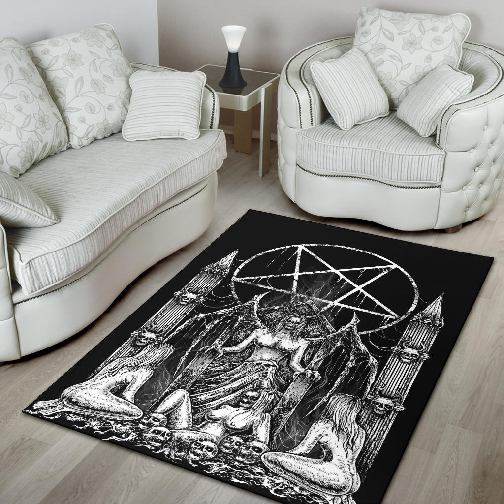 Skull Satanic Pentagram Lust Throne Area Rug Black And White Smoke Flame